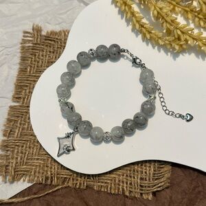 Gray Marble-patterned Beaded Bracelet with Moon & Star Charm